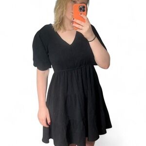 RDI Black Babydoll Dress Puffy Sleeves Cotton V-Neck Tiered Mini 53WD084S Mens M